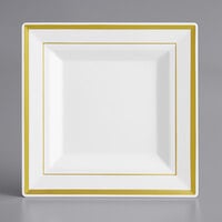 Visions 6 inch Square White Plastic Plate with Gold Bands - 120/Case