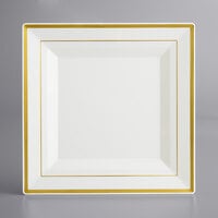 Visions 10 inch Bone / Ivory Plastic Square Plate with Gold Bands - 120/Case