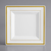 Visions 8" Square White Plastic Plate with Gold Bands - 120/Case