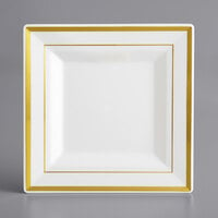 Visions 6" Square Bone / Ivory Plastic Plate with Gold Bands - 120/Case