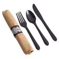 Hoffmaster 120006 CaterWrap 15 1/2" x 15 1/2" FashnPoint Pre-Rolled Burlap Print Dinner Napkin and Black Heavy Weight Plastic Cutlery Set - 100/Case
