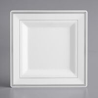 Silver Visions 8 inch Square White Plastic Plate with Silver Bands - 120/Case