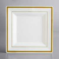 Gold Visions 8 inch Square Bone / Ivory Plastic Plate with Gold Bands - 120/Case