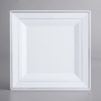 Silver Visions 10 inch Square White Plastic Plate with Silver Bands - 10/Pack
