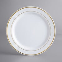 Visions 10 inch White Plastic Plate with Gold Bands - 12/Pack
