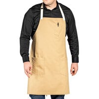Uncommon Chef 3115 Light Beige Customizable 100% Cotton Canvas Vibe Bib Apron with Natural Webbing and 3 Pockets - 34" x 36"