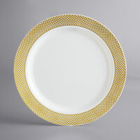 Visions 10 inch Bone / Ivory Plastic Plate with Gold Lattice Design - 12/Pack