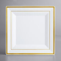 Gold Visions 10 inch Square White Plastic Plate with Gold Bands - 10/Pack