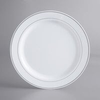 Silver Visions 10 inch White Plastic Plate with Silver Bands - 12/Pack