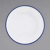 Crow Canyon Home V19BLU Vintage 8 inch White Wide Rim Enamelware Footed Plate with Blue Rolled Rim