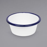 Crow Canyon Home V121BLU Vintage 2 oz. White Enamelware Ramekin with Blue Rolled Rim