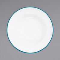 Crow Canyon Home V19TUR Vintage 8" White Wide Rim Enamelware Footed Plate with Turquoise Rolled Rim