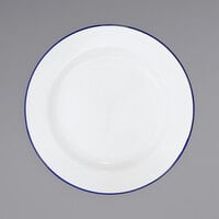 Crow Canyon Home V20BLU Vintage 10 1/4 inch White Wide Rim Enamelware Footed Plate with Blue Rolled Rim