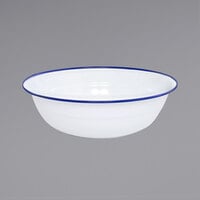 Crow Canyon Home V25BLU Vintage 8 Qt. White Round Enamelware Footed Bowl with Blue Rolled Rim