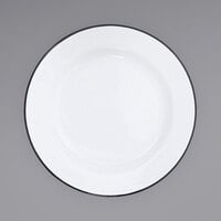 Crow Canyon Home V20BLA Vintage 10 1/4 inch White Wide Rim Enamelware Footed Plate with Black Rolled Rim