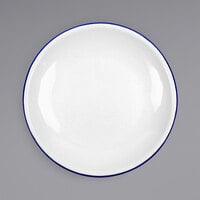 Crow Canyon Home V123BLU Vintage 8" White Coupe Enamelware Plate with Blue Rolled Rim