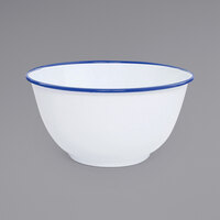 Crow Canyon Home V23BLU Vintage 4 Qt. White Round Enamelware Footed Bowl with Blue Rolled Rim