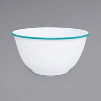 Crow Canyon Home V23TUR Vintage 4 Qt. White Round Enamelware Footed Bowl with Turquoise Rolled Rim