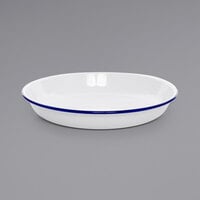 Crow Canyon Home V114BLU Vintage 10 1/2 inch White Round Enamelware Deep Coupe Pasta Plate with Blue Rolled Rim