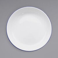 Crow Canyon Home V114BLU Vintage 10 1/2 inch White Round Enamelware Deep Coupe Pasta Plate with Blue Rolled Rim