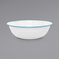 Crow Canyon Home V25TUR Vintage 8 Qt. White Round Enamelware Footed Bowl with Turquoise Rolled Rim
