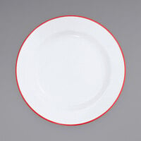 Crow Canyon Home V20RED Vintage 10 1/4" White Wide Rim Enamelware Footed Plate with Red Rolled Rim