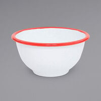Crow Canyon Home V02RED Vintage 16 oz. White Round Enamelware Footed Bowl with Red Rolled Rim