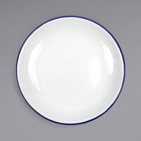 Crow Canyon Home V124BLU Vintage 10 1/2" White Coupe Enamelware Plate with Blue Rolled Rim