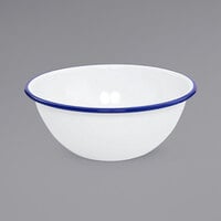 Crow Canyon Home V18BLU Vintage 2 Qt. White Round Enamelware Bowl with Blue Rolled Rim