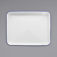 Crow Canyon Home V190BLU Vintage 11 1/4 inch x 8 3/4 inch White Rectangular Enamelware Tray with Blue Rolled Rim