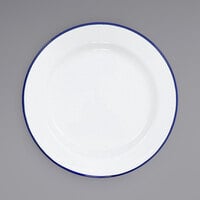 Crow Canyon Home V99BLU Vintage 8" White Wide Rim Enamelware Plate with Blue Rolled Rim