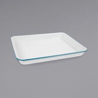 Crow Canyon Home V190TUR Vintage 11 1/4" x 8 3/4" White Rectangular Enamelware Tray with Turquoise Rolled Rim