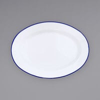 Crow Canyon Home V94BLU Vintage 11 7/8" x 8 11/16" White Enamelware Oval Plate with Blue Rolled Rim