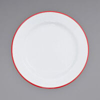 Crow Canyon Home V99RED Vintage 8" White Wide Rim Enamelware Plate with Red Rolled Rim