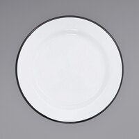 Crow Canyon Home V99BLA Vintage 8" White Wide Rim Enamelware Plate with Black Rolled Rim