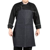 Uncommon Chef 3122 Twisted Denim Customizable Cotton Eclipse Bib Apron with Black Webbing and 7 Pockets - 34" x 31"