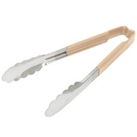 Vollrath 4780960 Jacob's Pride 9 1/2 inch Stainless Steel Scalloped Tongs with Tan Coated Kool Touch® Handle
