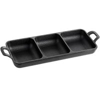 Valor 9" x 3" Three Compartment Pre-Seasoned Rectangular Mini Cast Iron Divided Server with Handles - 12/Pack