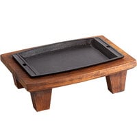 Valor 11" x 7" Rectangular Pre-Seasoned Cast Iron Fajita Skillet with 14" x 10" x 4 1/2" Rustic Chestnut Finish Display Stand