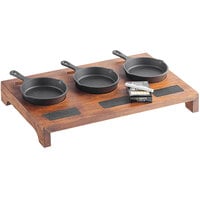 Valor Appetizer / Dessert Sampler with (3) 5 inch Mini Cast Iron Skillets, 18 1/2 inch x 11 inch x 2 1/2 inch Rustic Chestnut Finish Display Stand, and Chalk