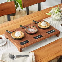 Valor Appetizer / Dessert Sampler with (3) 5 inch Mini Cast Iron Skillets, 18 1/2 inch x 11 inch x 2 1/2 inch Rustic Chestnut Finish Display Stand, and Chalk