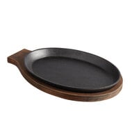 Winco FS-2 Cast Iron Fajita Skillet with Handle and Mahogany Wood