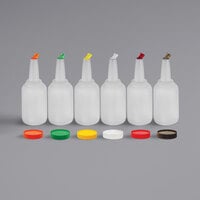 Tablecraft 8128A PourMaster Complete 1 Gallon White Pour Bottle Kit with Assorted Color Spouts and Caps - 6/Pack