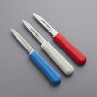 Dexter-Russell 15493 Sani-Safe 3-Pack of 3 1/4 inch Smooth Paring Knives in Red, White, and Blue