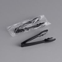Visions 7 inch Individually Wrapped Extra Heavy-Duty Black Disposable Polypropylene Tongs - 24/Case