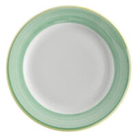 Corona by GET Enterprises PA1603901524 Calypso 7 1/4" Bright White Porcelain Rolled Edge Plate with Green and Yellow Rim - 24/Case