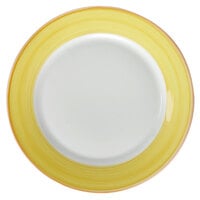 Corona by GET Enterprises PA1600902524 Calypso 10" Bright White Porcelain Rolled Edge Plate with Yellow and Coral Rim - 24/Case