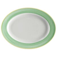 Corona by GET Enterprises PA1603907712 Calypso 12" x 9" Bright White Rolled Edge Porcelain Oval Platter with wide Green and Yellow Rim - 12/Case