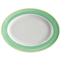 Corona by GET Enterprises PA1603907712 Calypso 12" x 9" Bright White Rolled Edge Porcelain Oval Platter with wide Green and Yellow Rim - 12/Case