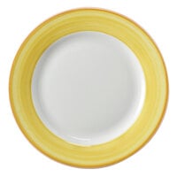Corona by GET Enterprises PA1600902024 Calypso 8" Bright White Porcelain Rolled Edge Plate with Yellow and Coral Rim - 24/Case